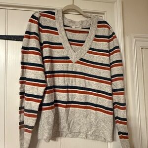 Madewell Striped V-Neck Sweater - Gray, Red, Navy
